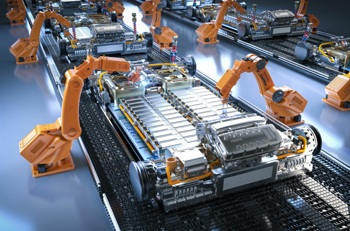 3D graphic of a production plant for electric cars using robotics. Installation of lithium ion batteries